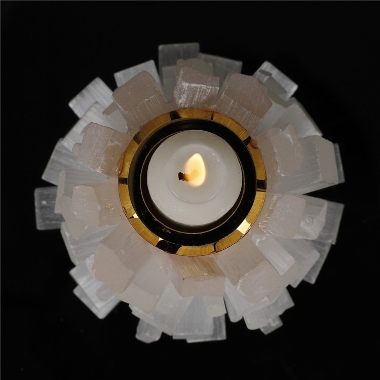 Hot selling natural crystal craft natural white selenite plate candle holder for home decoration