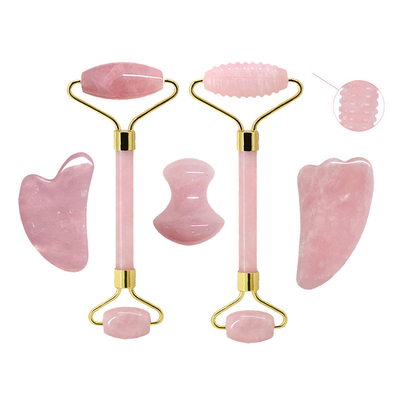 Natural Rose Quartz Jade Roller Set Real Jade Scraper  Gua Sha Board  Face Massage Roller