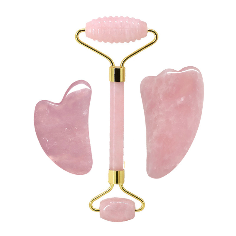 Natural Rose Quartz Jade Roller Set Real Jade Scraper  Gua Sha Board  Face Massage Roller