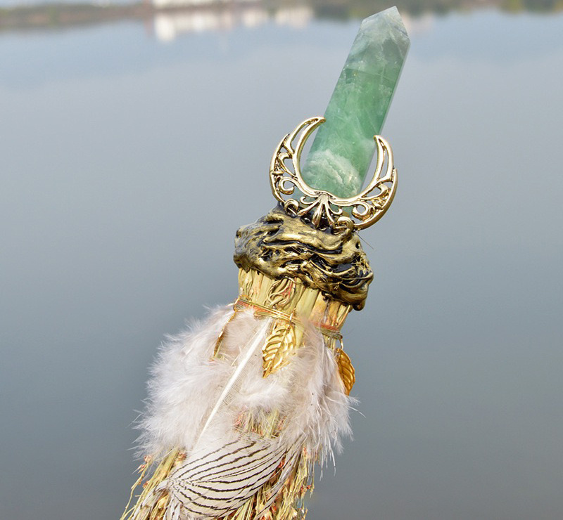 Wholesale BIG size handmade witch broom for  Wiccan Ritual Broom feather Crystal wand Healing Witch Broom