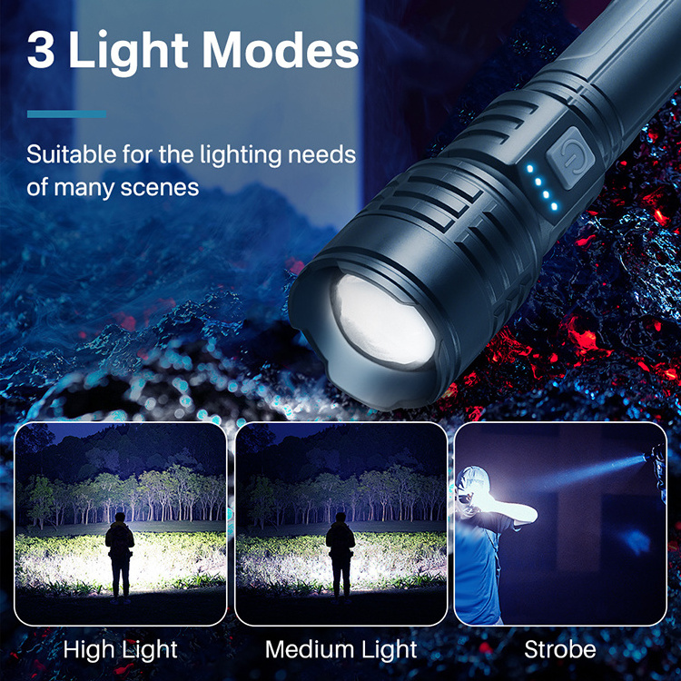 Boruit H-01 3000 Lumen High Power Flashlight Long Range Work Lights Zoom Zoom Focus Rechargeable Hand Torch with Power Display