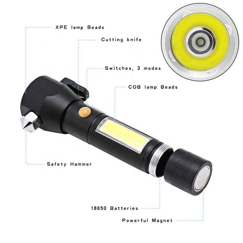 Best Seller Multifunction Magnet 18650 Rechargeable Flash light LED Torch Safety Hammer Flashlight