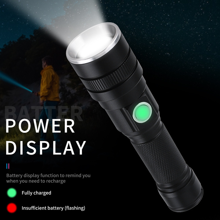 High power LED flashlight telescopic focusing power display long beam range USB charging indicator waterproof torch