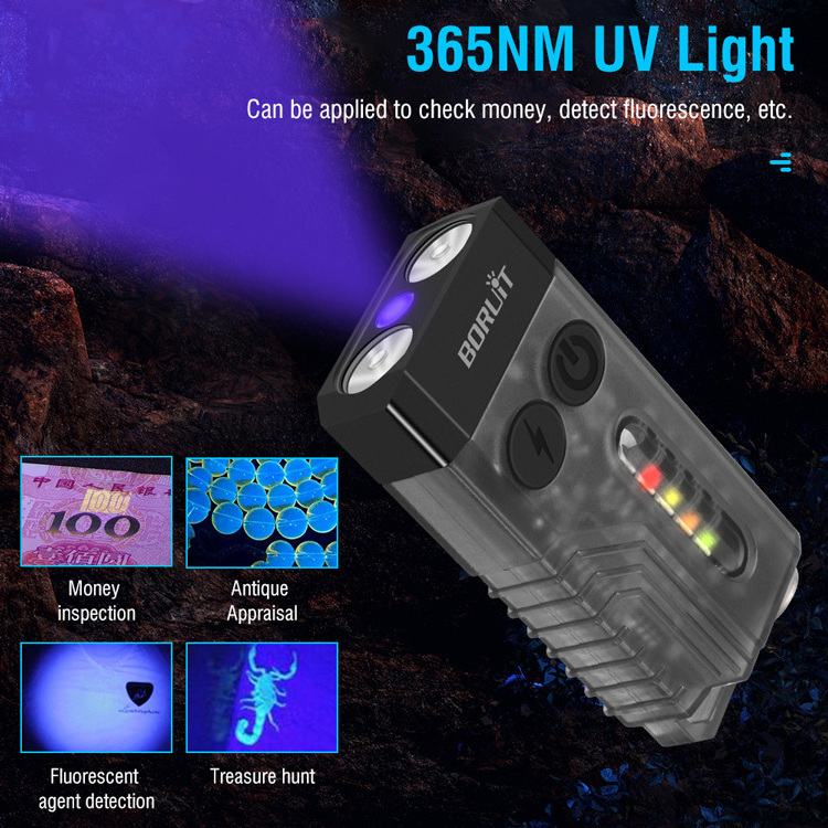 Boruit V10 Mini Led Flashlight With Uv Light High Power 1000 Lumens Multifunctional EDC Flashlight With Beep Warning Magnetic