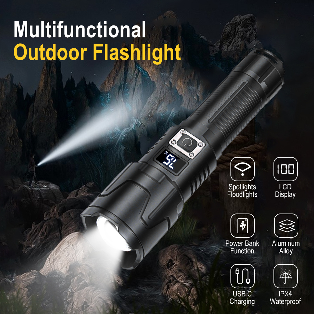 BORUiT H06 High Power Flashlight Rechargeable Waterproof Zoom Zoom Focus Aluminum alloy Hand Torch with LCD Power Display