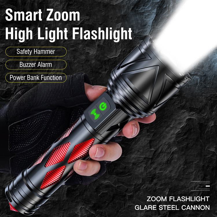 Boruit High Power 5000 Lumens Super Strong Flashlight Led 500m Zoomable Torch With Power Bank Hammer Beep Alarm