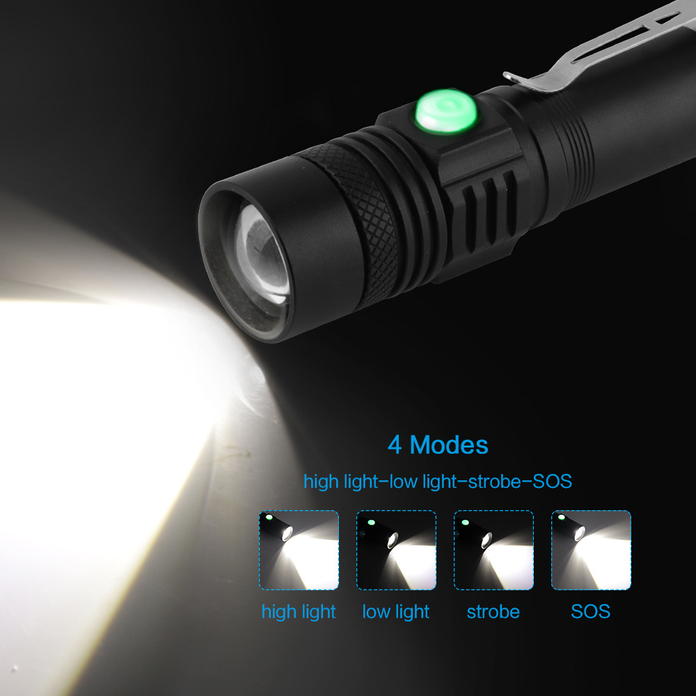 Tactical super bright LED flashlight IPX5 waterproof zoomable and USB rechargeable pocket emergency LED Linterna with clip