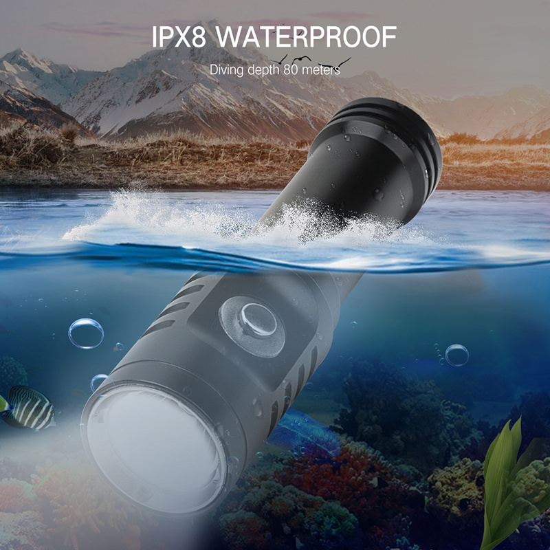 Factory Underwater 100m Diving light Flashlight Dive Torch 18650 battery with With battery indicator High Brightness