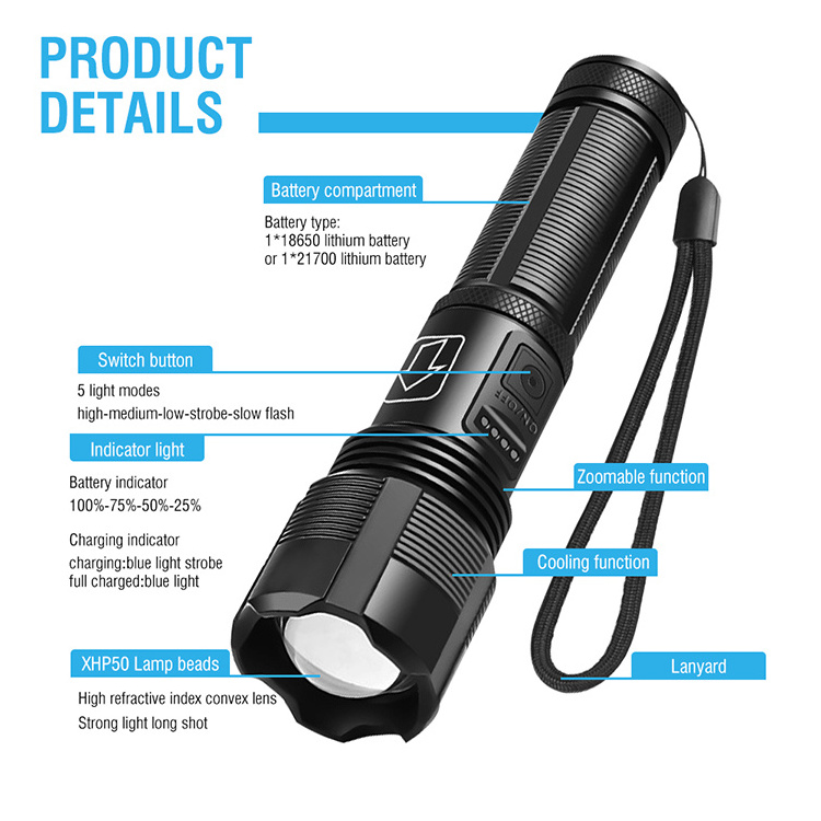 High power LED heat dissipation design flashlight telescopic focusing IPX4 Type C charging Battery indicator LED Torch