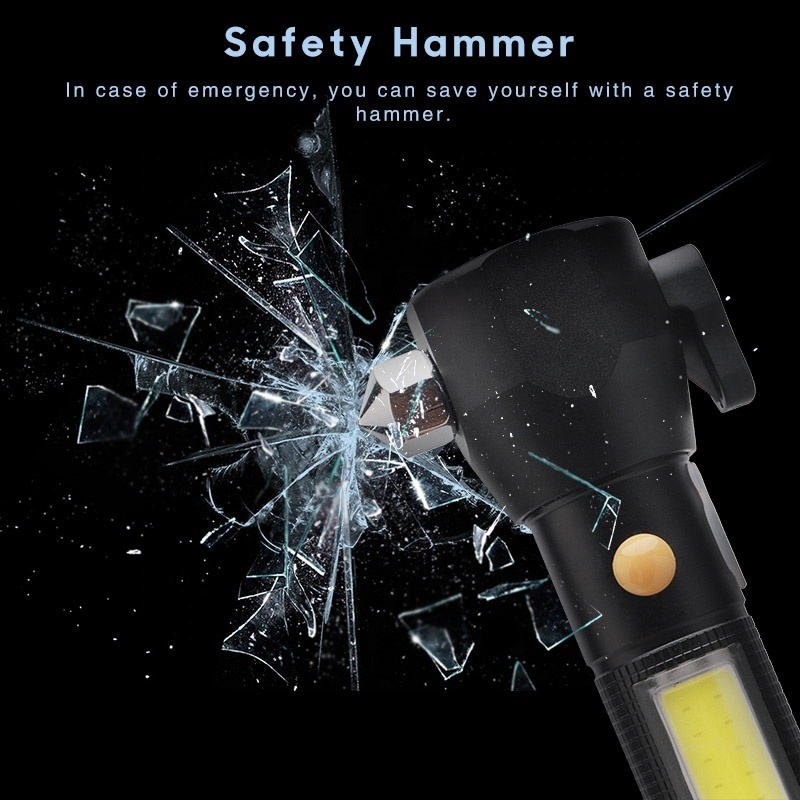 Best Seller Multifunction Magnet 18650 Rechargeable Flash light LED Torch Safety Hammer Flashlight