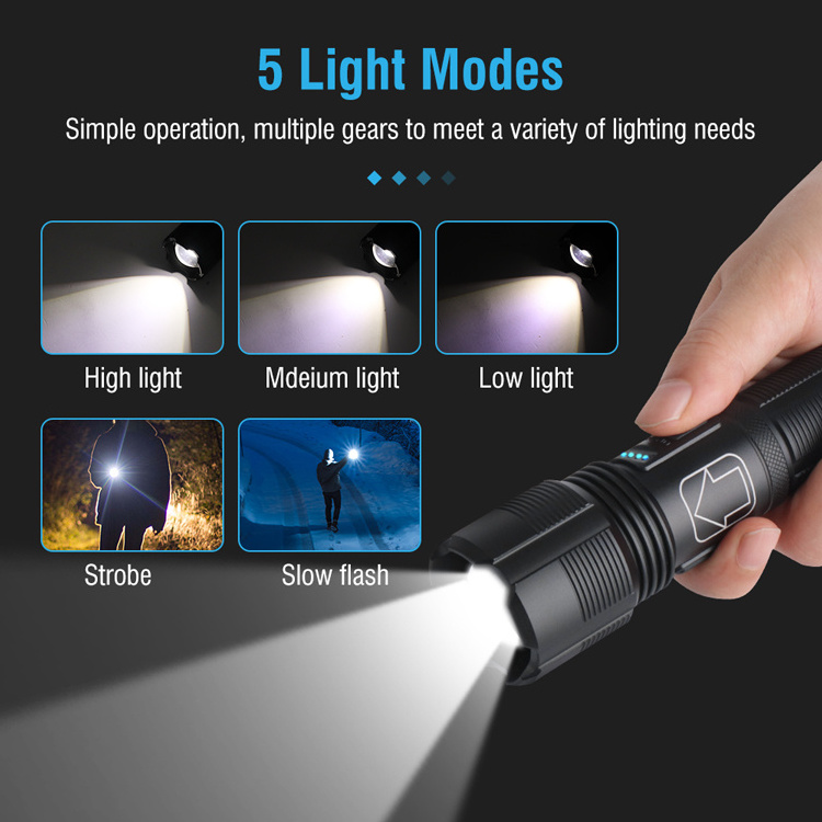 High power LED heat dissipation design flashlight telescopic focusing IPX4 Type C charging Battery indicator LED Torch