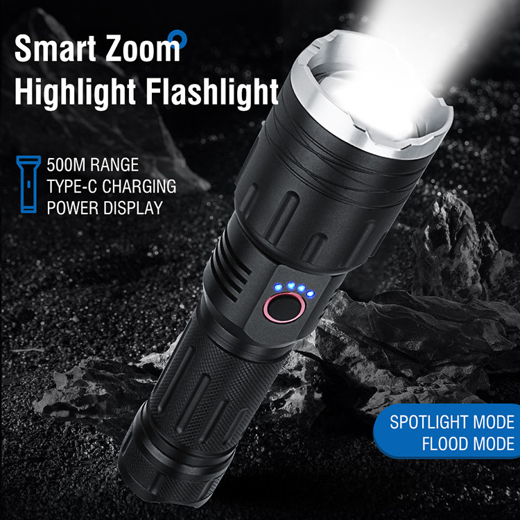 5000 Lumen  Flashlight 1000m Long Beam Distance Smart Zoom Function Type C charging Waterproof IPX6 Outdoor Torch Light