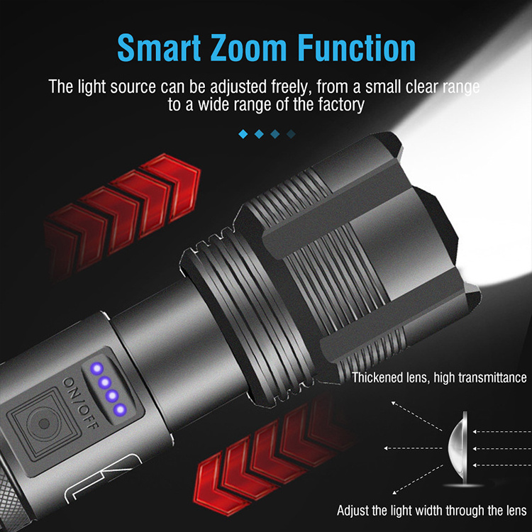 High power LED heat dissipation design flashlight telescopic focusing IPX4 Type C charging Battery indicator LED Torch