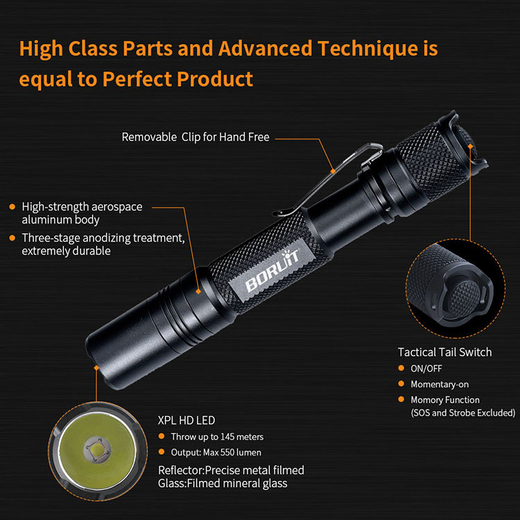 Boruit mini tactical flashlight, portable waterproof flashlight, battery AA LED flashlight for hiking and camping