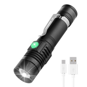 Tactical super bright LED flashlight IPX5 waterproof zoomable and USB rechargeable pocket emergency LED Linterna with clip