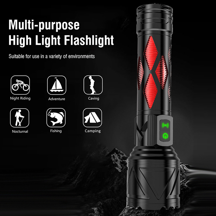 Boruit High Power 5000 Lumens Super Strong Flashlight Led 500m Zoomable Torch With Power Bank Hammer Beep Alarm