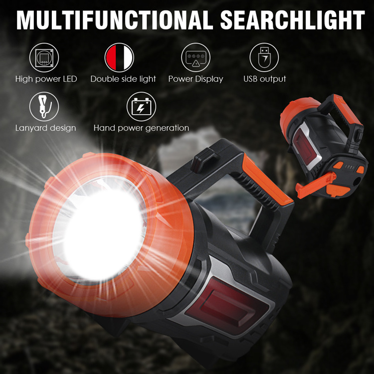 Powerful 8000lm LED portable handheld flashlight two light color with hand crank dyanmo powerbank function USB charging outdoor