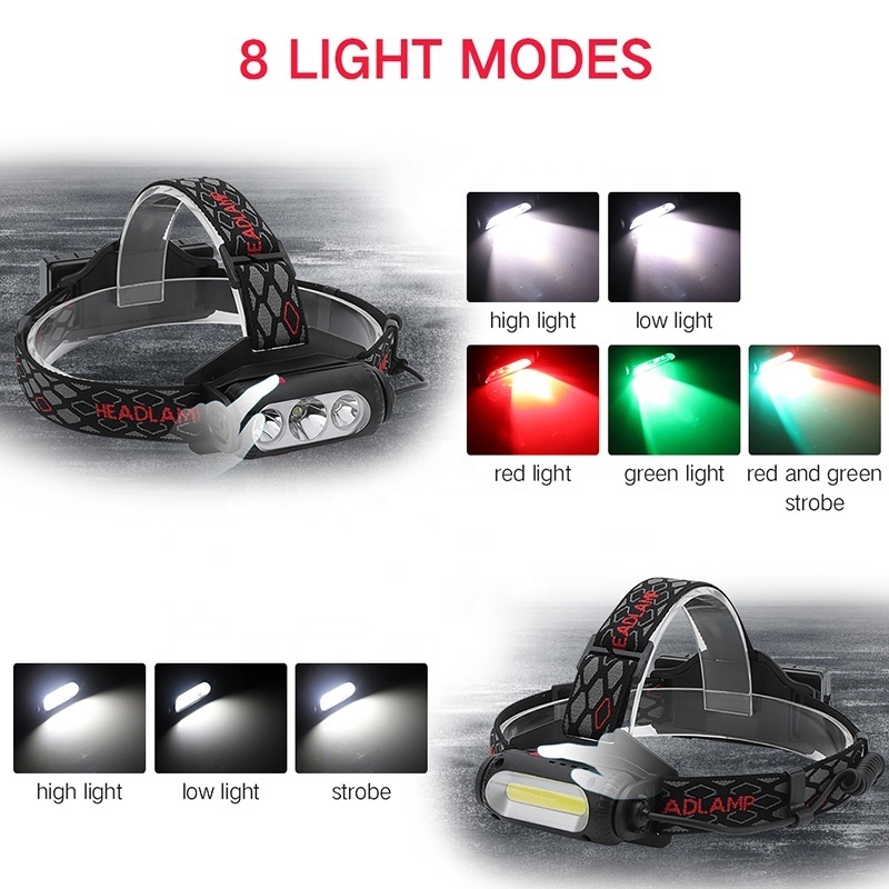 High Power 360 Degree Rotating Strong Light Headlamp with Red Green White Emitting Color Light Multi Functional outside Light