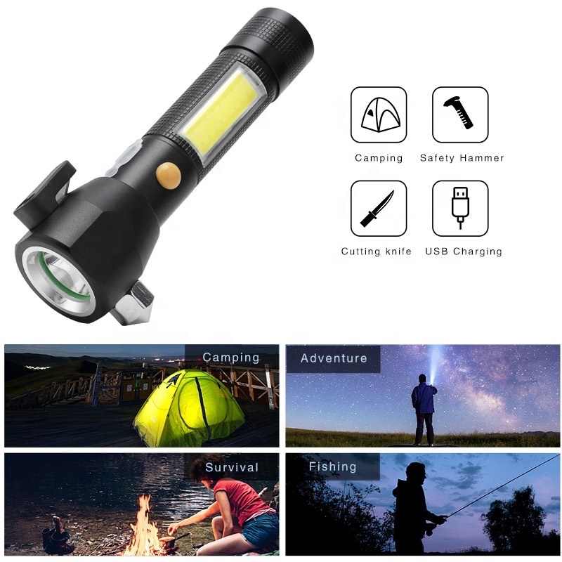 Best Seller Multifunction Magnet 18650 Rechargeable Flash light LED Torch Safety Hammer Flashlight