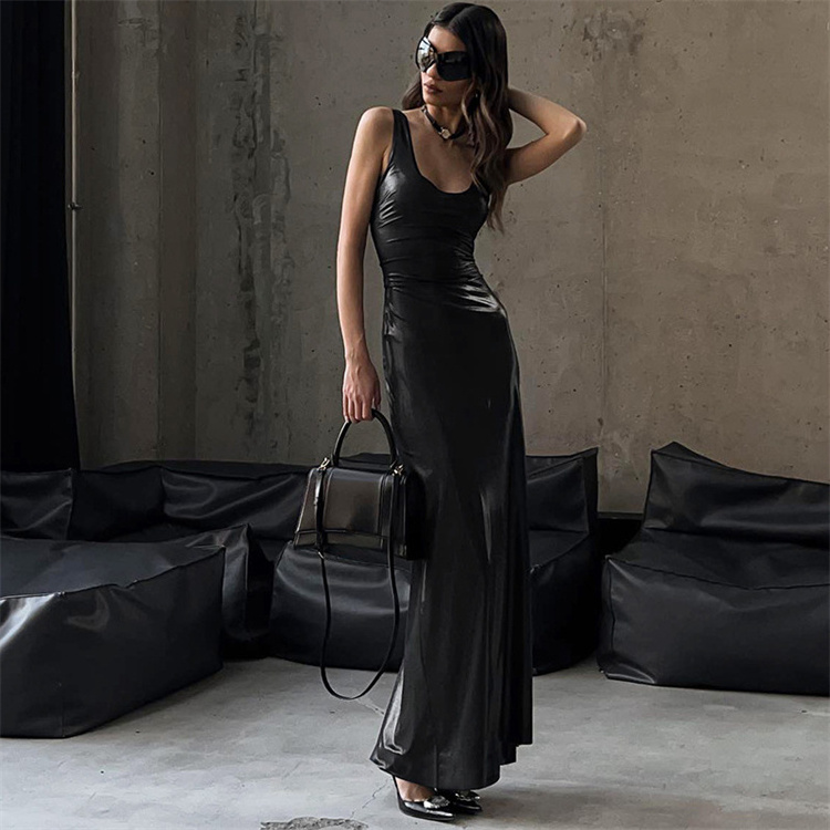 Women's Autumn Winter Fashion Temperament Solid U-neck Suspender Dress Elegant Sexy Black Slim Fit Slit Long Dresses