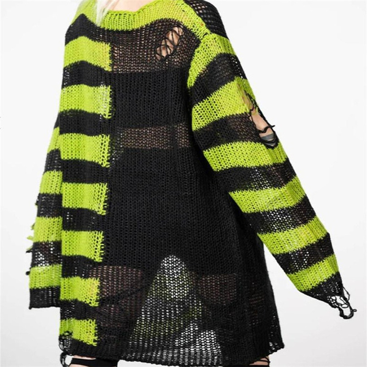 Punk Gothic Long Unisex Sweater Summer Women Striped Cool Hollow Out Pullover Top Women Crochet Knit Long Sleeve Sweater