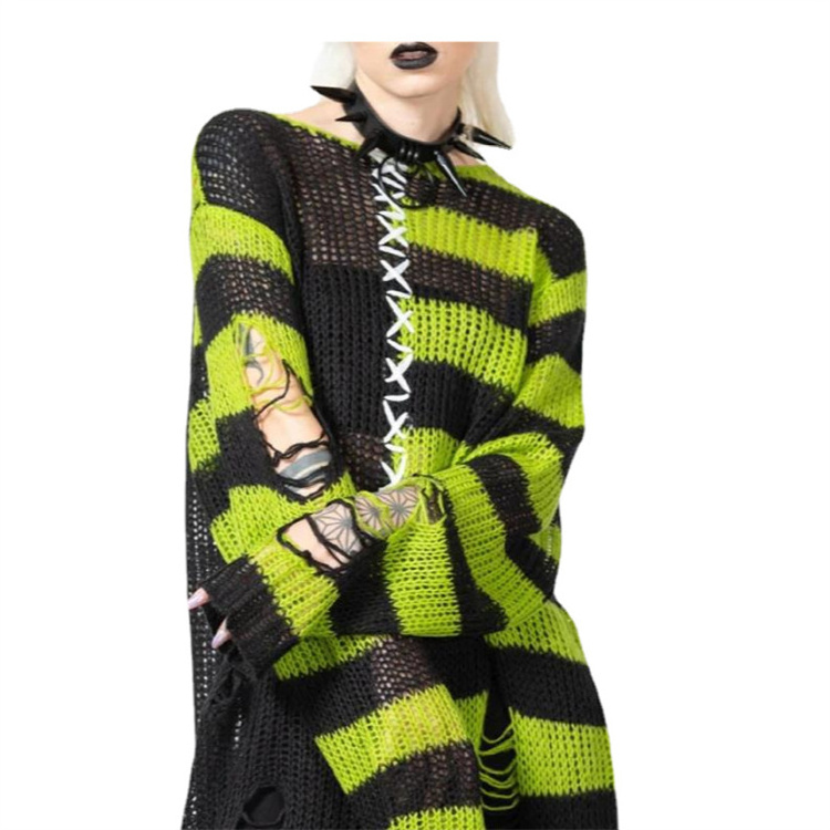 Punk Gothic Long Unisex Sweater Summer Women Striped Cool Hollow Out Pullover Top Women Crochet Knit Long Sleeve Sweater