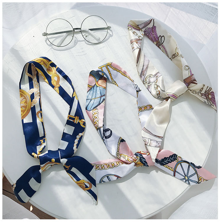 Factory direct custom Multi colors print satin scarf Narrow scarves hair accessories wholesale tied handle bag Twill scarves