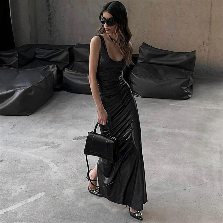 Women's Autumn Winter Fashion Temperament Solid U-neck Suspender Dress Elegant Sexy Black Slim Fit Slit Long Dresses