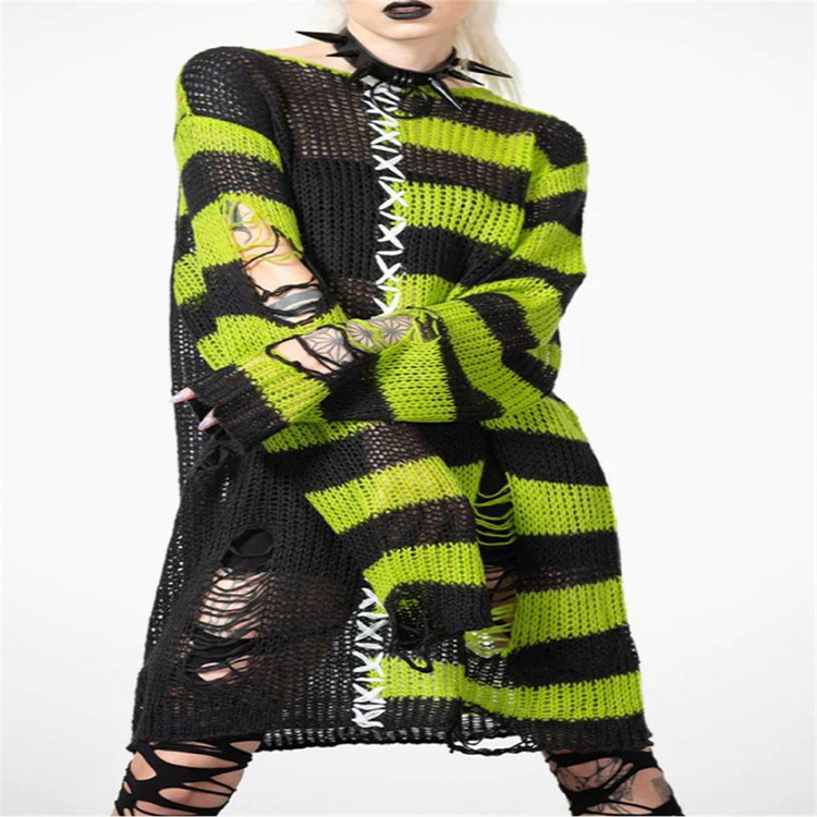 Punk Gothic Long Unisex Sweater Summer Women Striped Cool Hollow Out Pullover Top Women Crochet Knit Long Sleeve Sweater