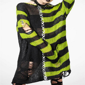 Punk Gothic Long Unisex Sweater Summer Women Striped Cool Hollow Out Pullover Top Women Crochet Knit Long Sleeve Sweater