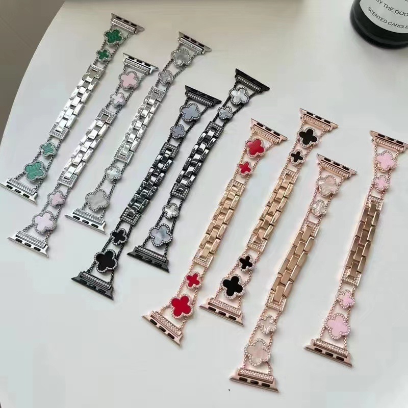 Women Four Leaf Diamond Design watch band for apple watch 8/7/6/5/4/3/2 Stainless Steel Jewelry Bracelet Strap for Iwatch