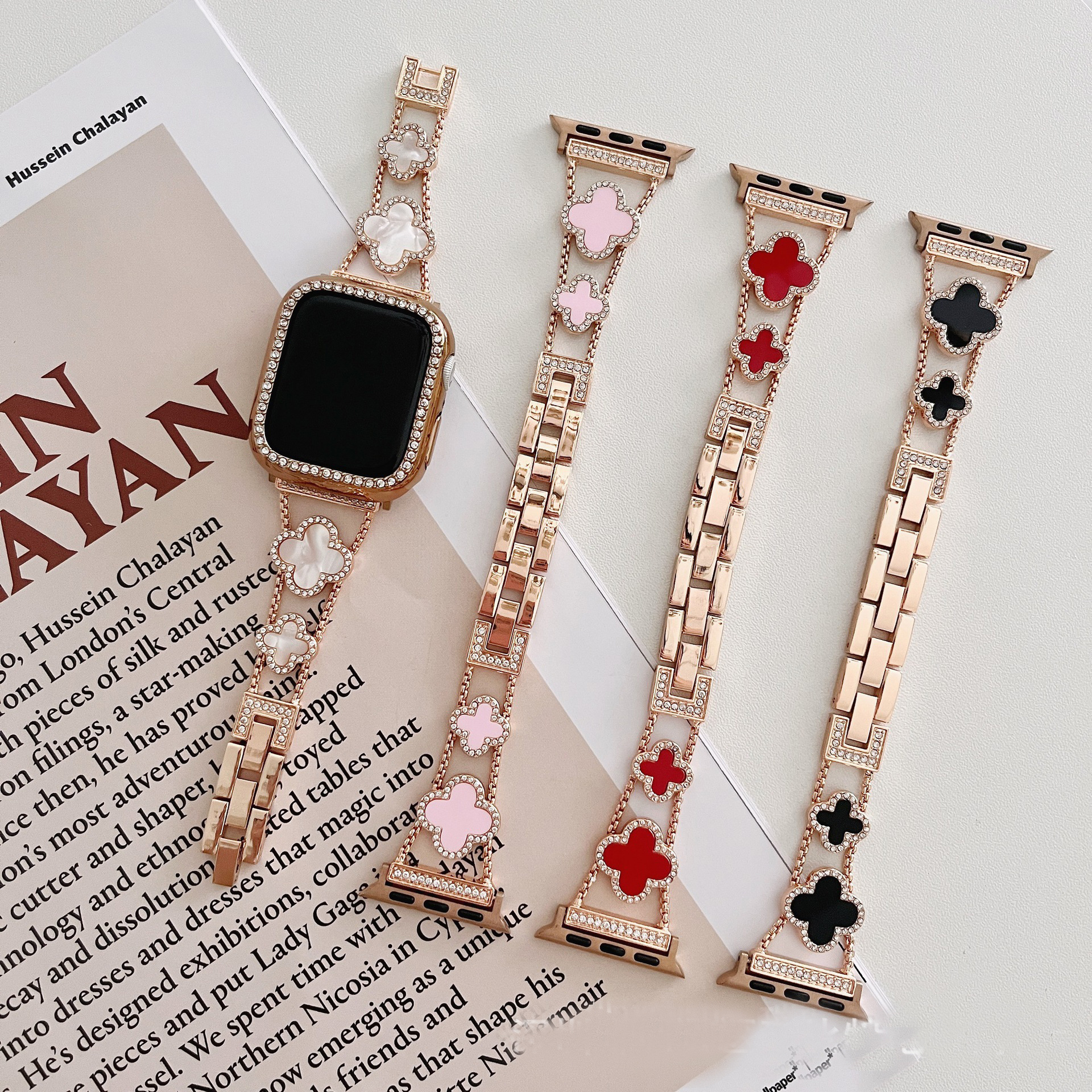 Women Four Leaf Diamond Design watch band for apple watch 8/7/6/5/4/3/2 Stainless Steel Jewelry Bracelet Strap for Iwatch