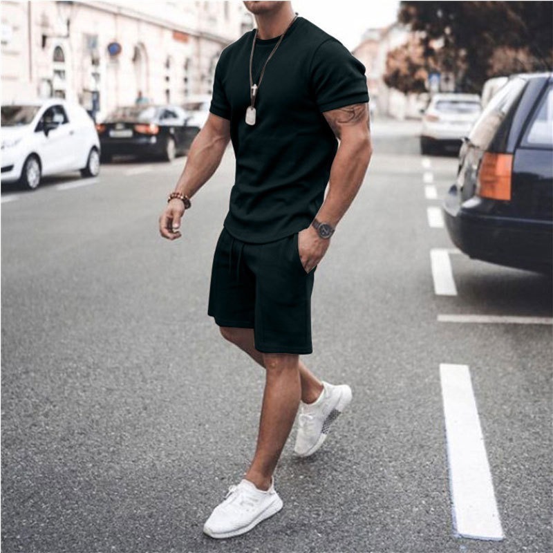 2024 new European men's casual tracksuit solid color fitness running short-sleeved T-shirt men's tracksuit