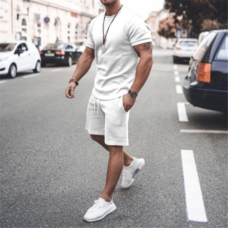 2024 new European men's casual tracksuit solid color fitness running short-sleeved T-shirt men's tracksuit