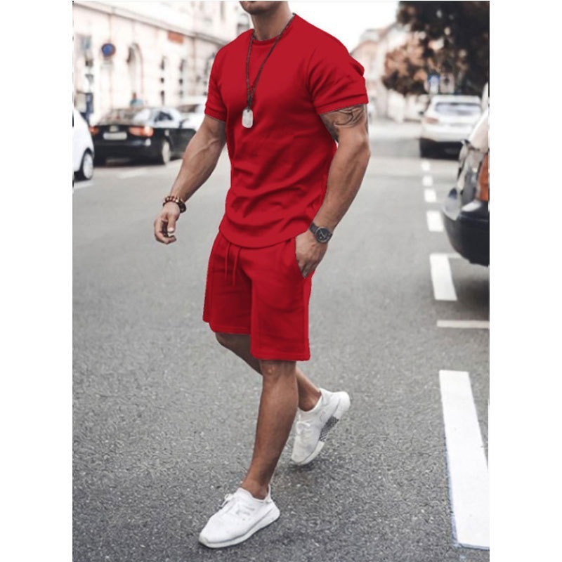 2024 new European men's casual tracksuit solid color fitness running short-sleeved T-shirt men's tracksuit