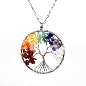 Hot Korean Necklace Natural Gravel Crystal Life Tree Pendant Colorful Natural Stone Fortune Tree Necklace