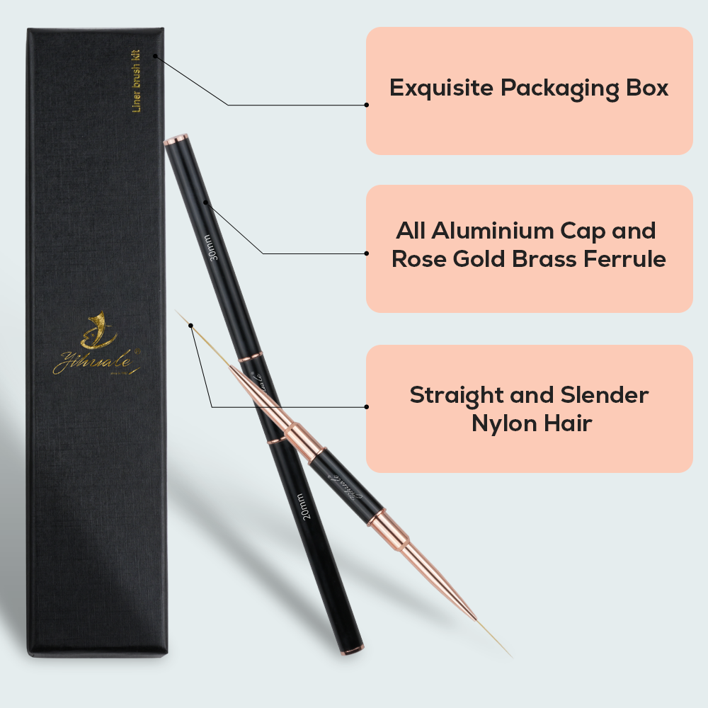 New Design Nail Glue Art Liner Brushes 2 Pieces Sets For Nylon Hair Aluminum Handle Double-Ended With Customized Logo Packaging