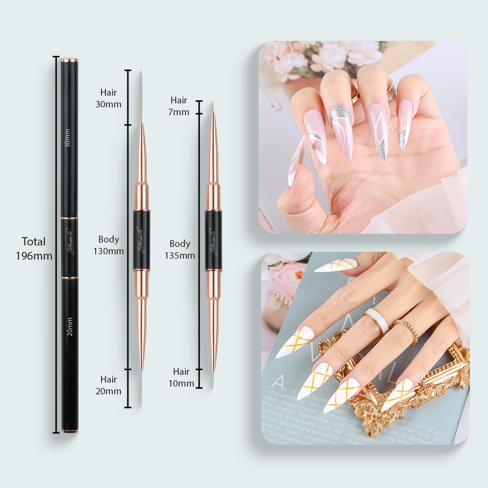 New Design Nail Glue Art Liner Brushes 2 Pieces Sets For Nylon Hair Aluminum Handle Double-Ended With Customized Logo Packaging