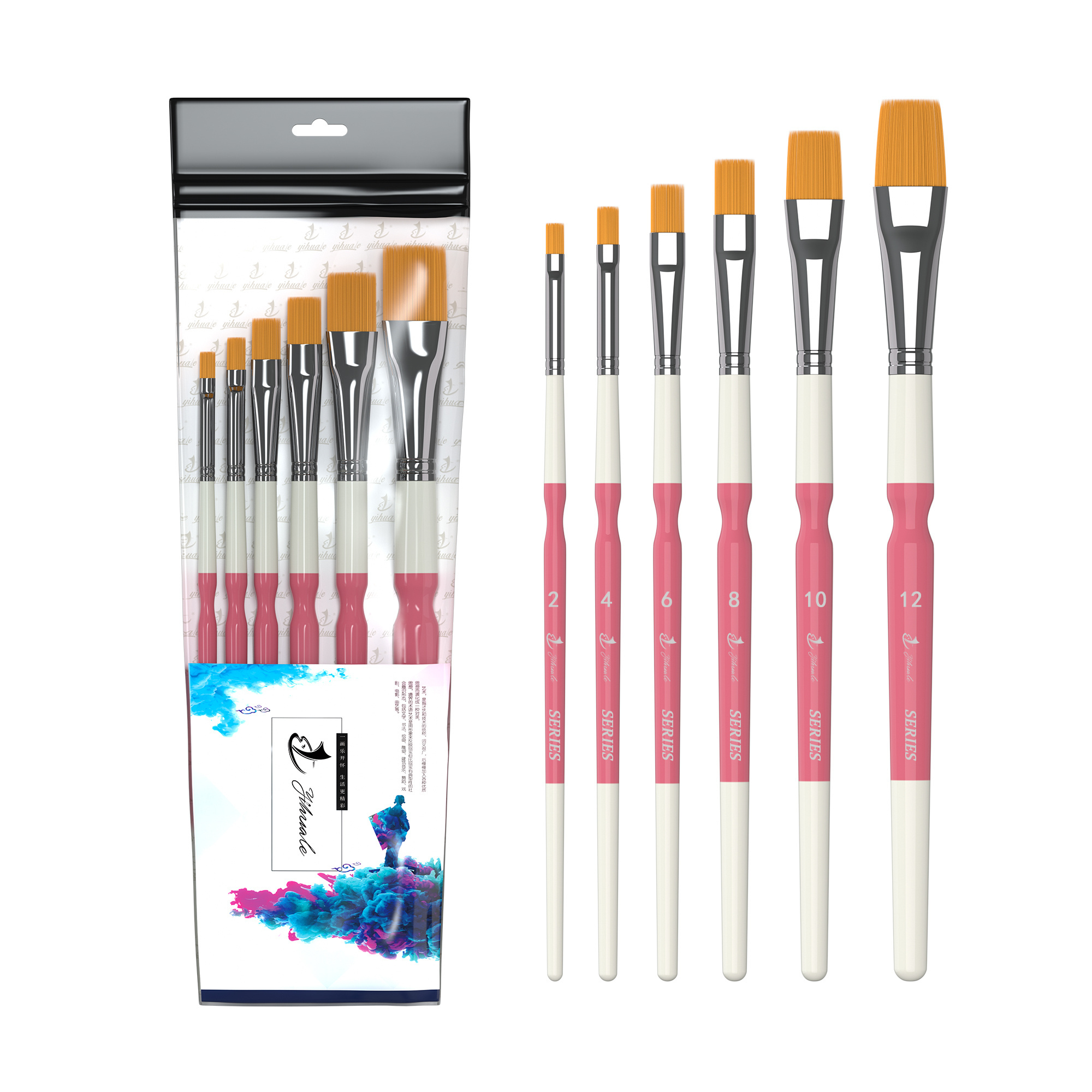 Wholesale 6PCS  Nylon Artist Paint Brush Logo Customized Artist Flat Brushes Set for Watercolor Acrylic Kids Beginners