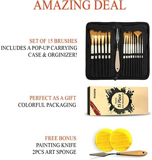 Yihuale 15pcs Artist Paint Brush with Pop-up Carrying Case and Palette Knife Sponge