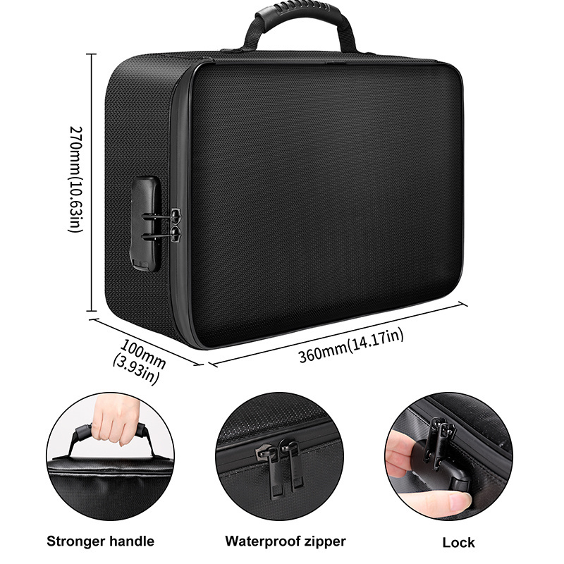 Custom Portable Travel Water-Resistant Fireproof 3-Layer File Storage Case Organizer Bag Fire Proof Document Bag With Lock