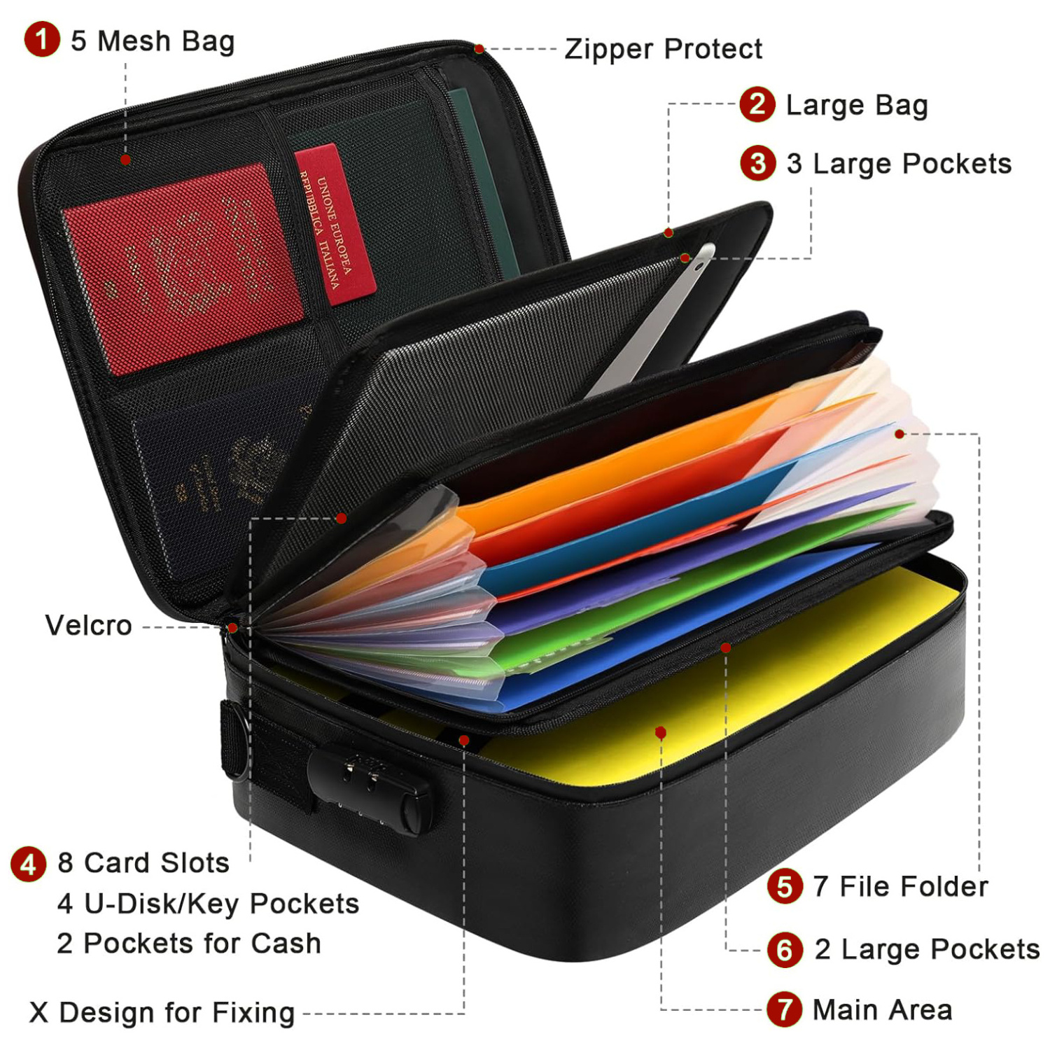 Document Bag Fireproof Folder Organiser A4 File Folder with 12 Compartments Expanding File Lockable Multilayer Document Box