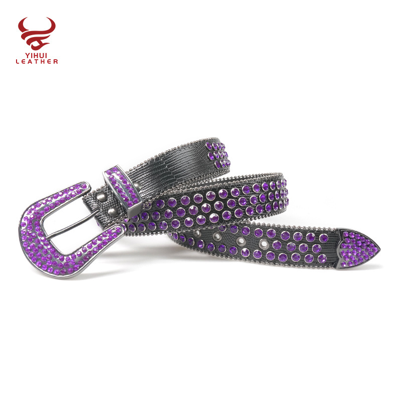 Custom Logo Designer Studded Bling Bling Straps Western Cowboy PU Leather Belt for Men Purple Crystal Rhinestone Belts BB Simon