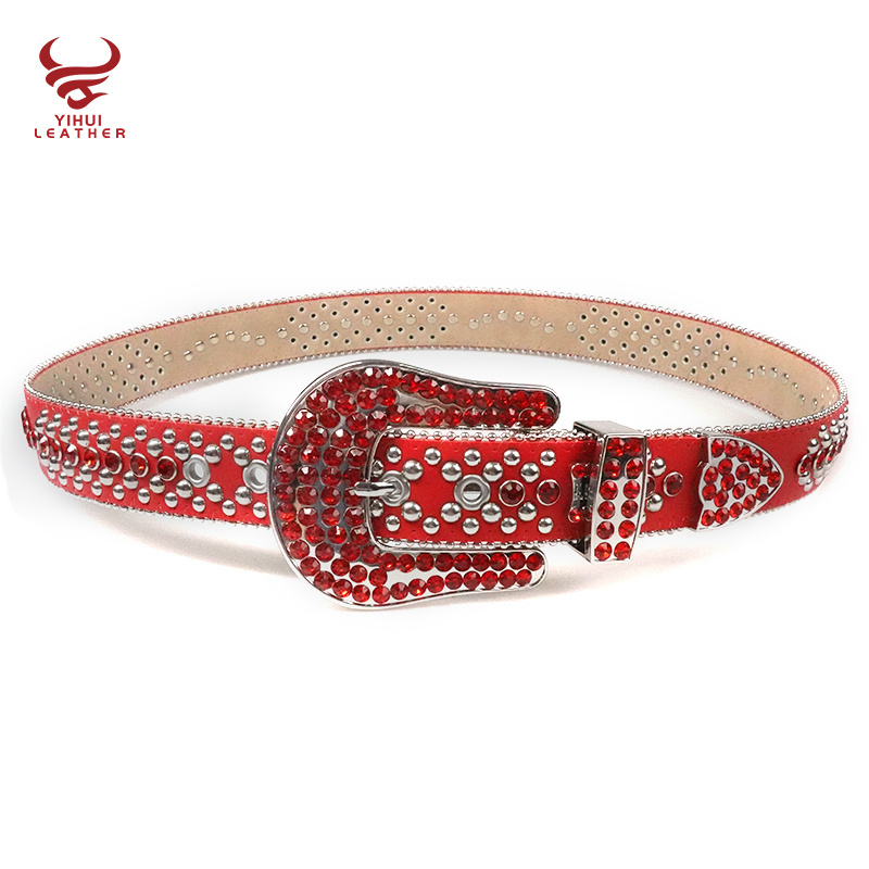 Manufacture Wholesale New Designer PU Leather Belts Shiny Big Buckle  BB Simon Studded Red Diamond Crystal Rhinestone Belt