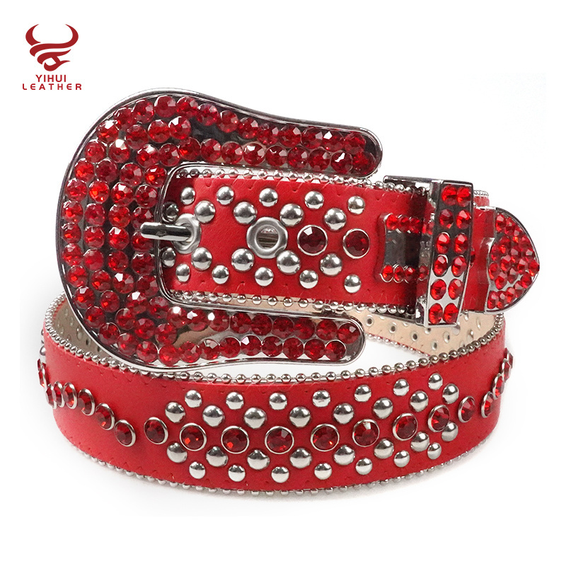 Manufacture Wholesale New Designer PU Leather Belts Shiny Big Buckle  BB Simon Studded Red Diamond Crystal Rhinestone Belt