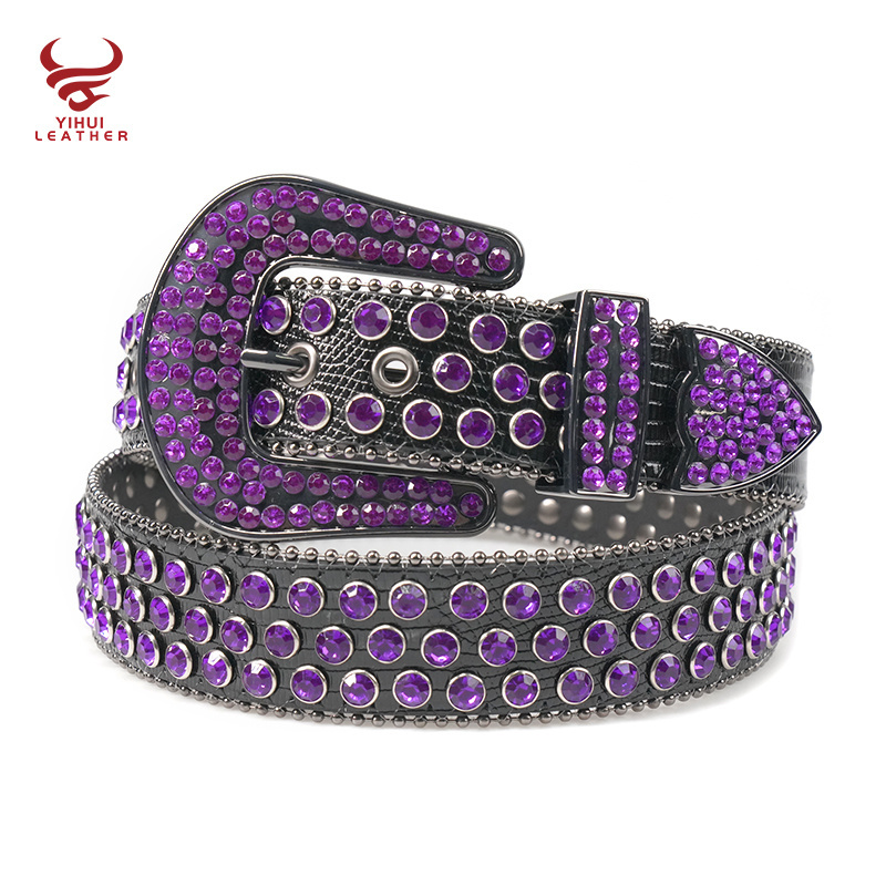 Custom Logo Designer Studded Bling Bling Straps Western Cowboy PU Leather Belt for Men Purple Crystal Rhinestone Belts BB Simon