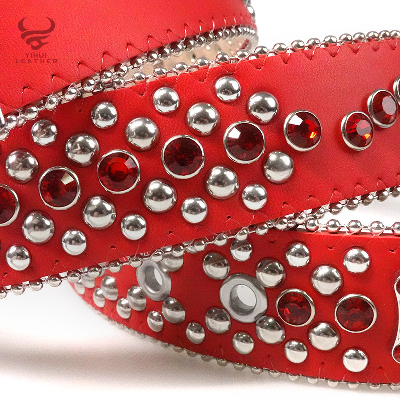 Manufacture Wholesale New Designer PU Leather Belts Shiny Big Buckle  BB Simon Studded Red Diamond Crystal Rhinestone Belt