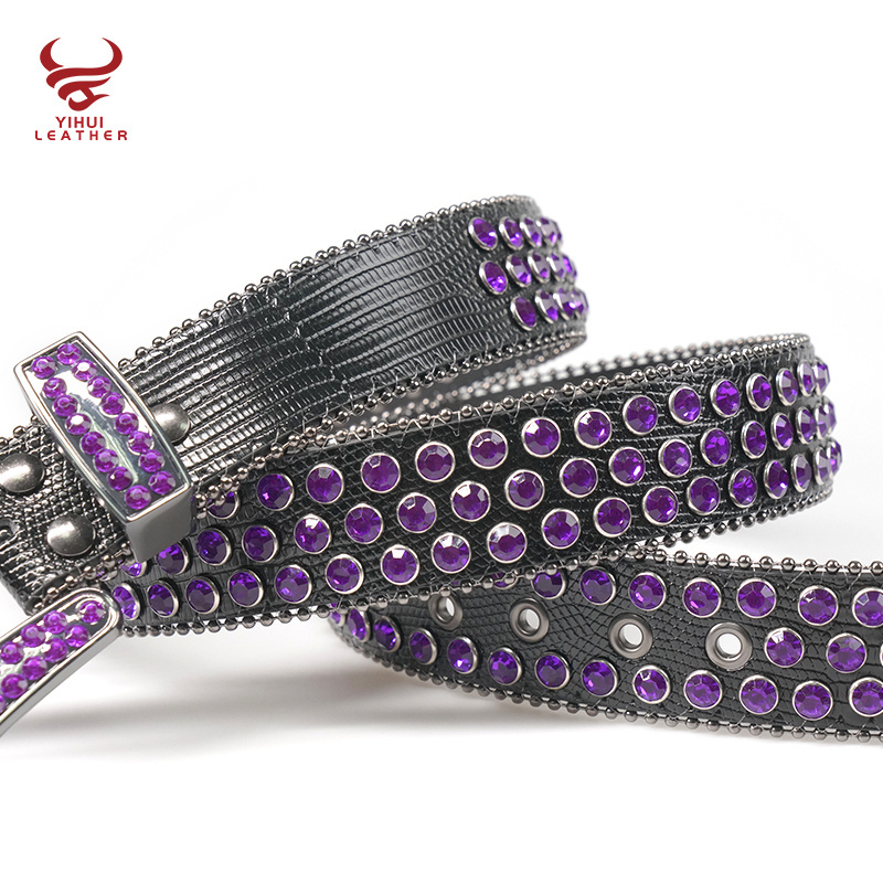 Custom Logo Designer Studded Bling Bling Straps Western Cowboy PU Leather Belt for Men Purple Crystal Rhinestone Belts BB Simon