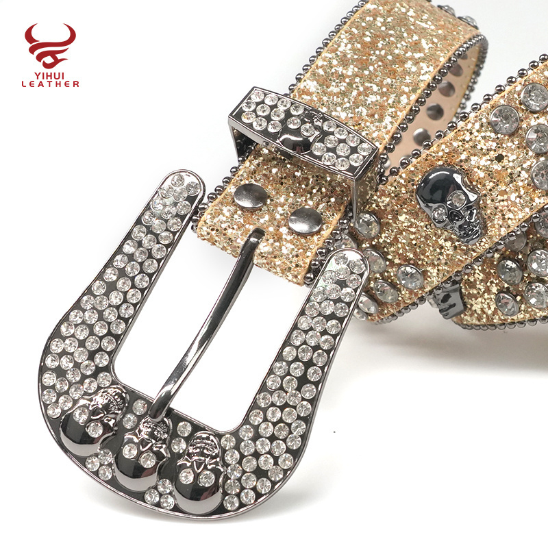 Wholesale Luxury Strap Rhinestones Belt Western Cowboy Crystal Glitter Diamond Studded Golden Big Skull Buckle Belts BB Simon