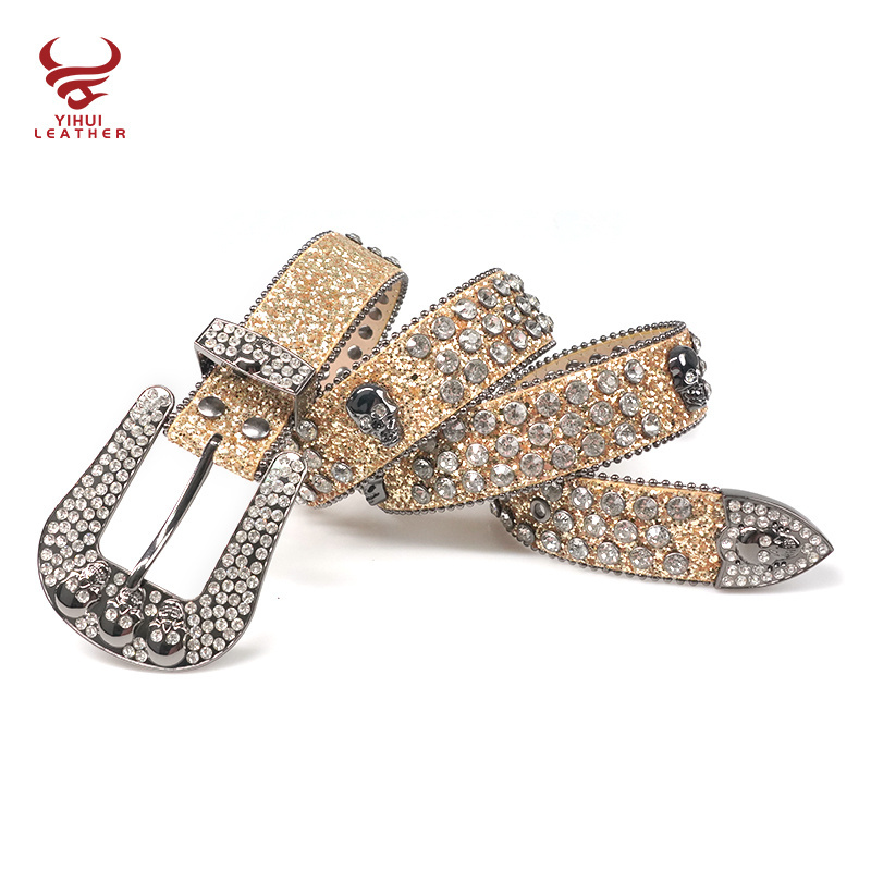 Wholesale Luxury Strap Rhinestones Belt Western Cowboy Crystal Glitter Diamond Studded Golden Big Skull Buckle Belts BB Simon